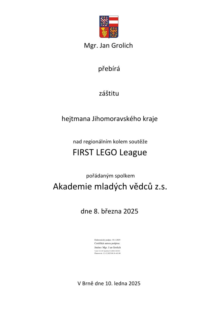 Hejtman Jihomoravského kraje a primátorka města Brna podporují soutěž FIRST LEGO League!