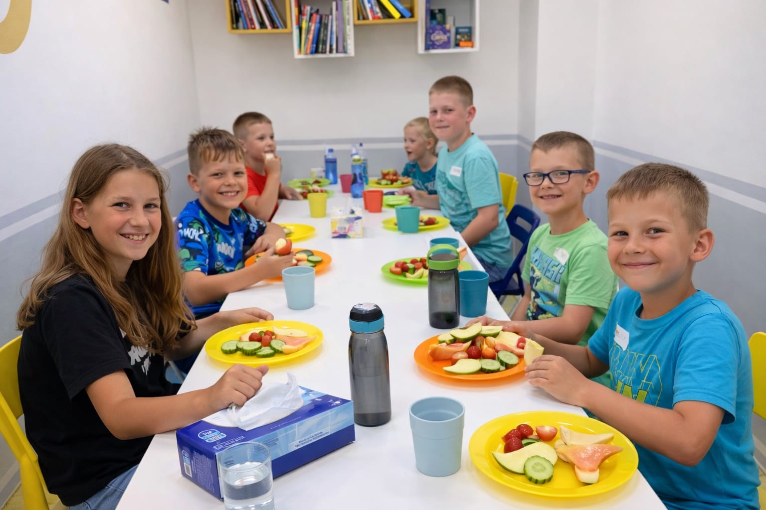 Příměstské tábory Brno: Deti u stolu se svacinou